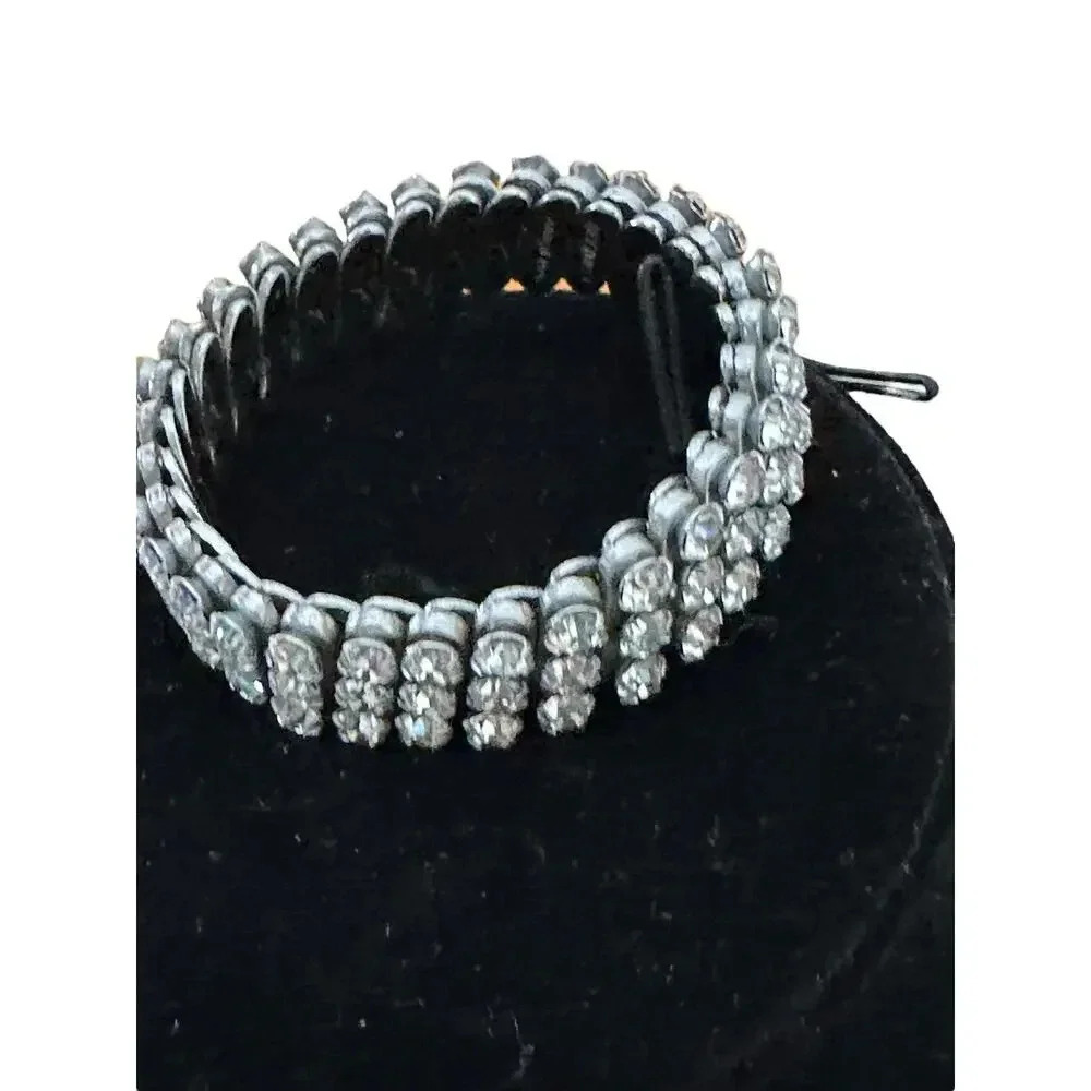Vintage Silver Tone Metal and Clear Rhinestone Expansion Bracelet
